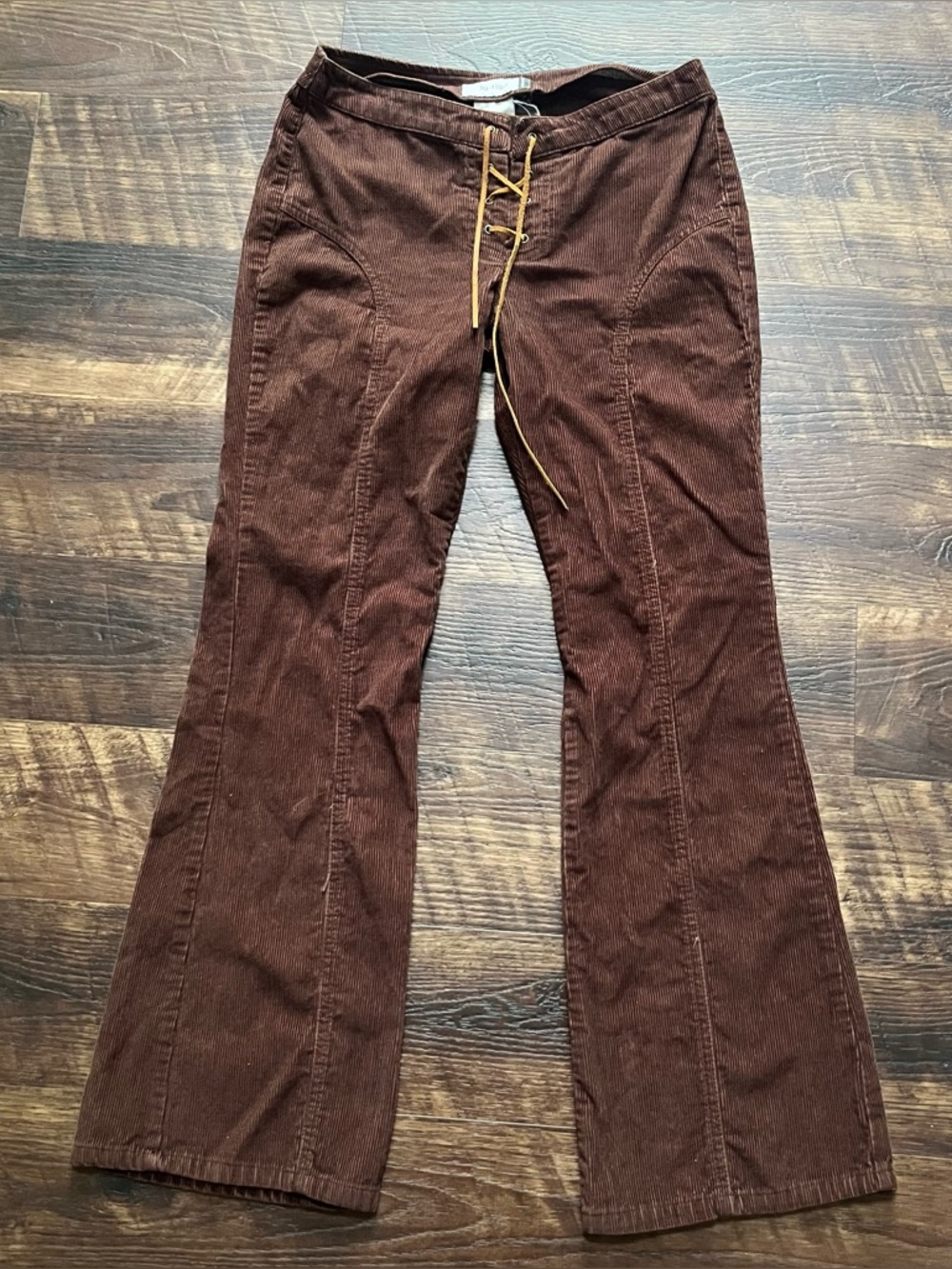 Vintage Y2K Jordache brown corduroy lace up flare pants 28” waist neutral boho